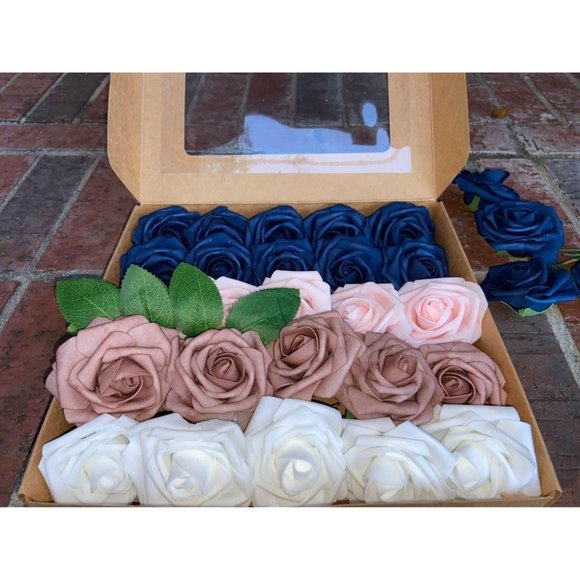 25 count | White Navy Blue Blush Pink Dusty Rose Wedding Flowers Bouquet - Picture 1 of 2